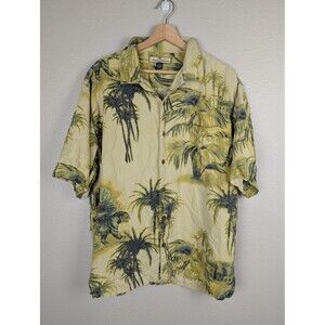 Tommy Bahama Shirt Mens Large Yellow Silk Palm Tree Tiger Hawaiian Camp Casual